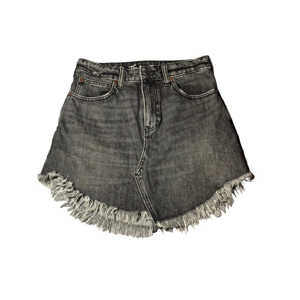 NWOT We The Free Black Denim Mini Skirt Raw Fringe Hem Distressed Size 25